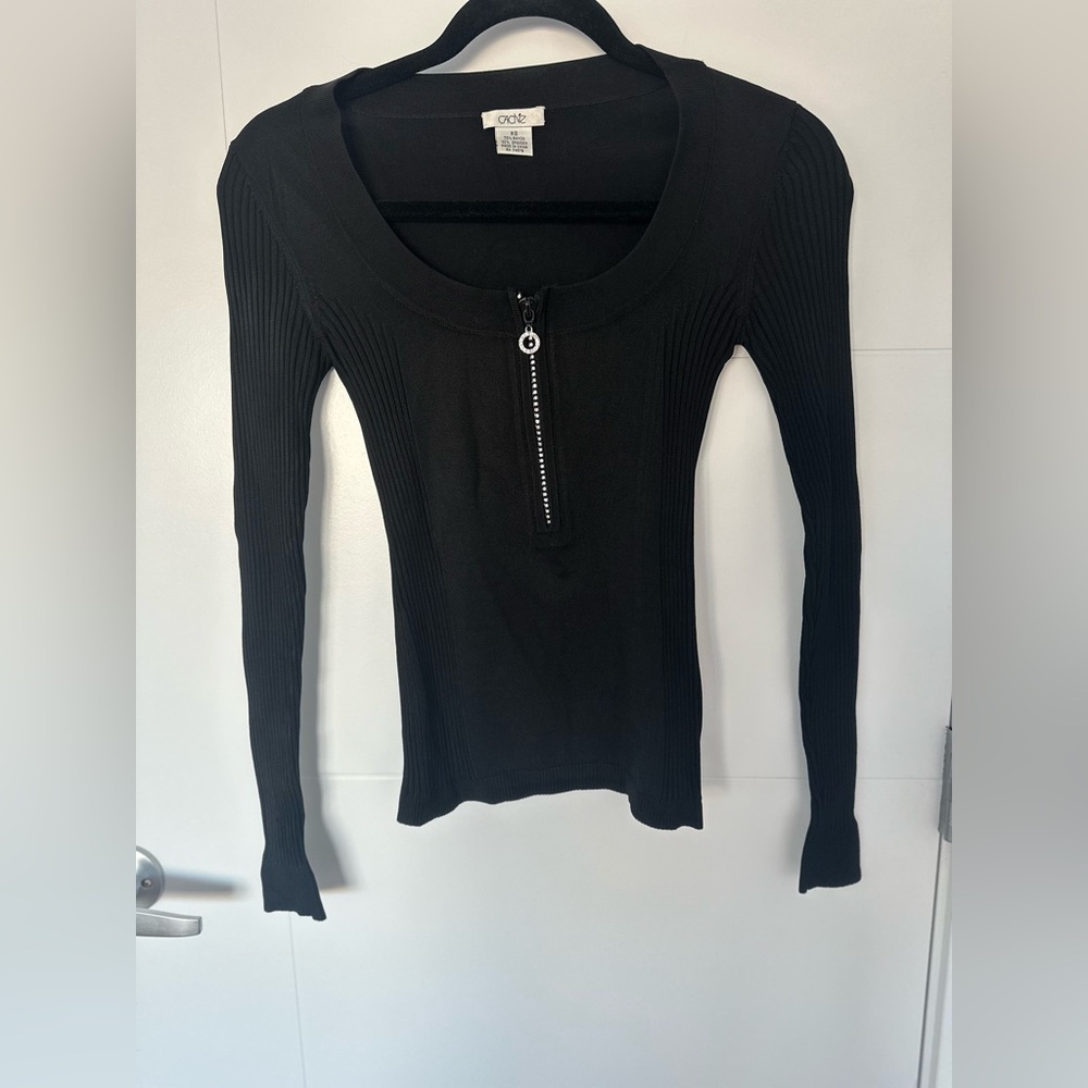 Cache Black Ribbed Zip Front Y2K Knit Top Size XS